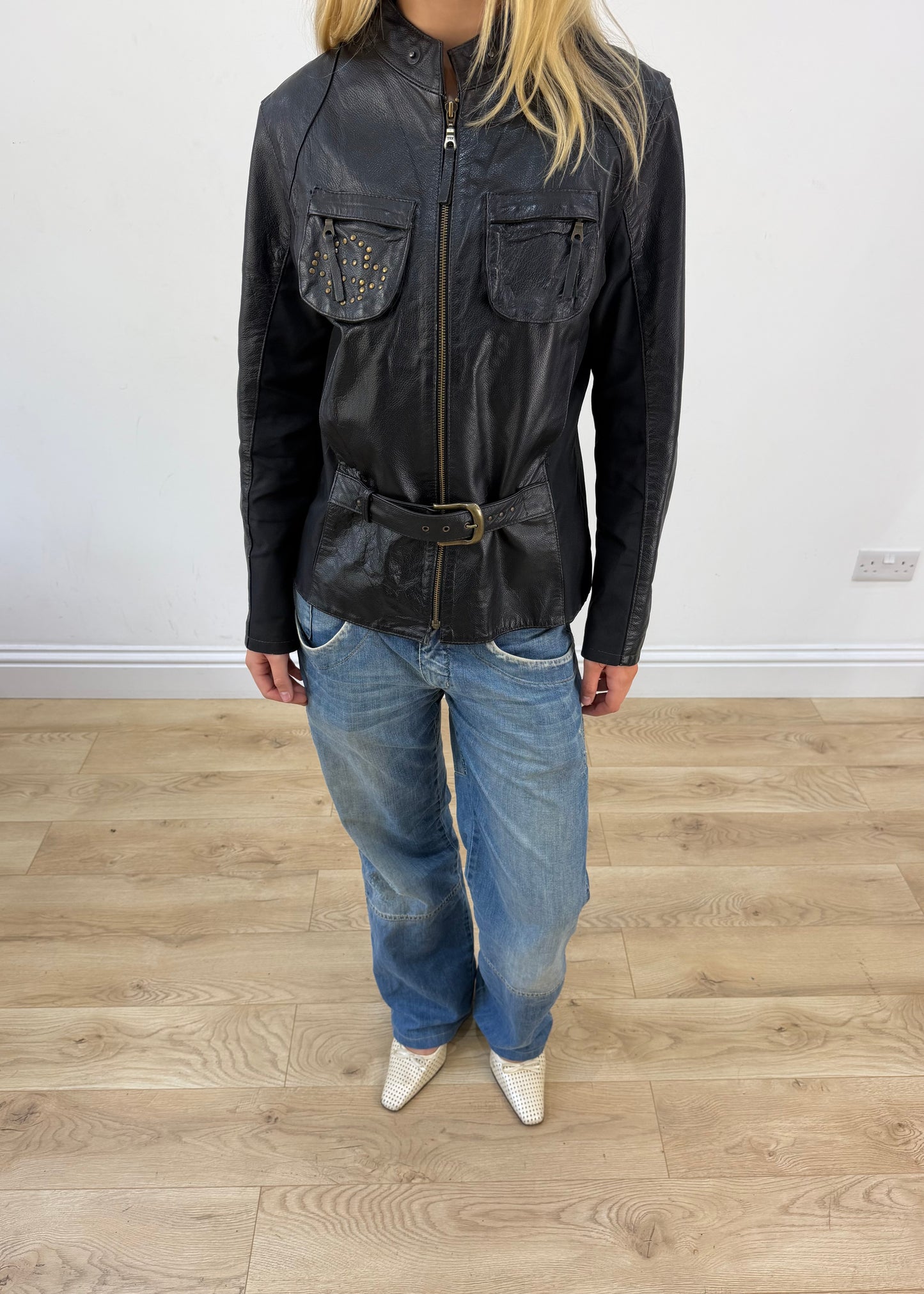 medium black rosidino faux leather belted jacket - image 2