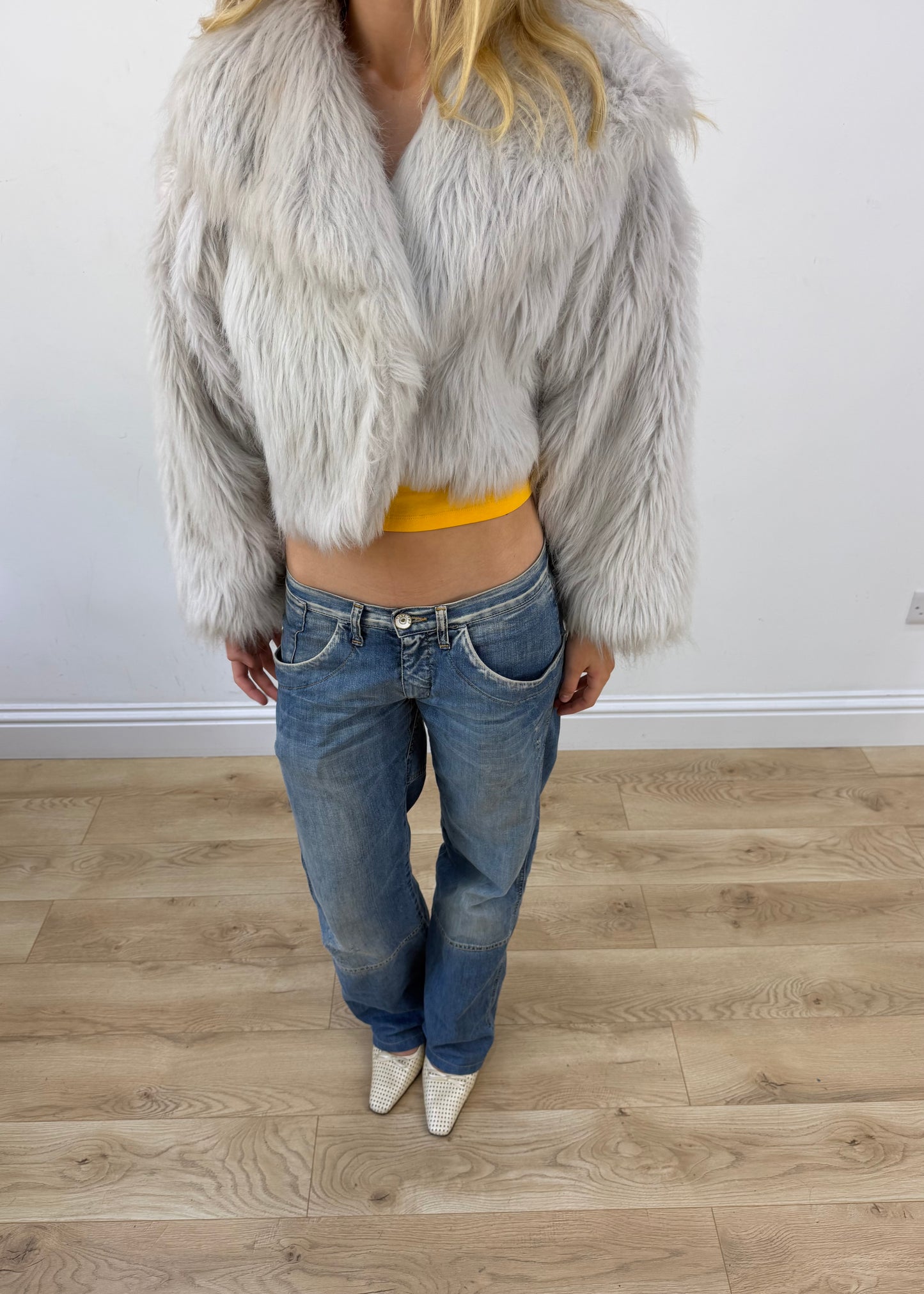 medium grey faux fur cropped jacket - image 2