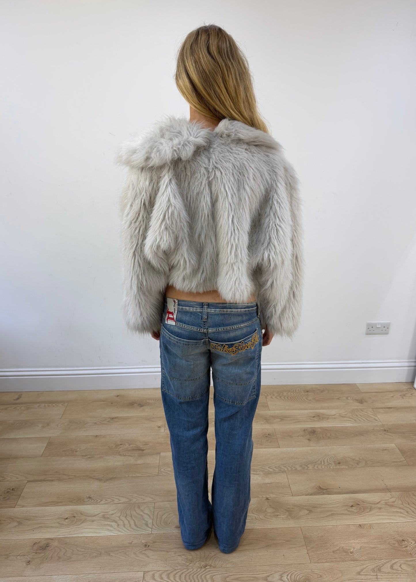 medium grey faux fur cropped jacket - image 7