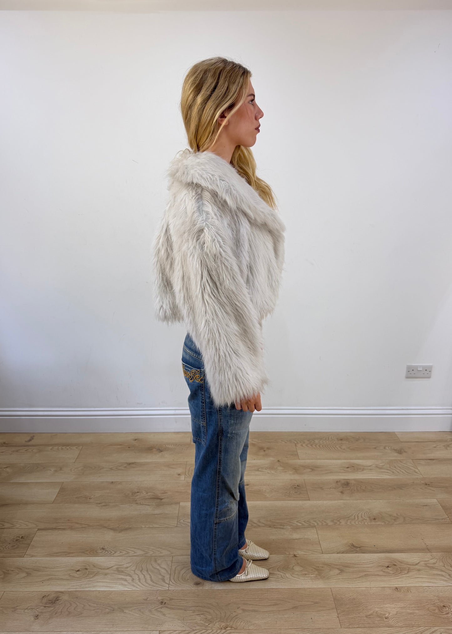 medium grey faux fur cropped jacket - image 8