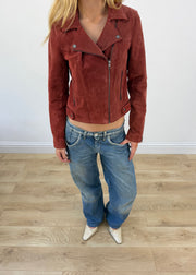 medium red only faux suede biker jacket - image 2