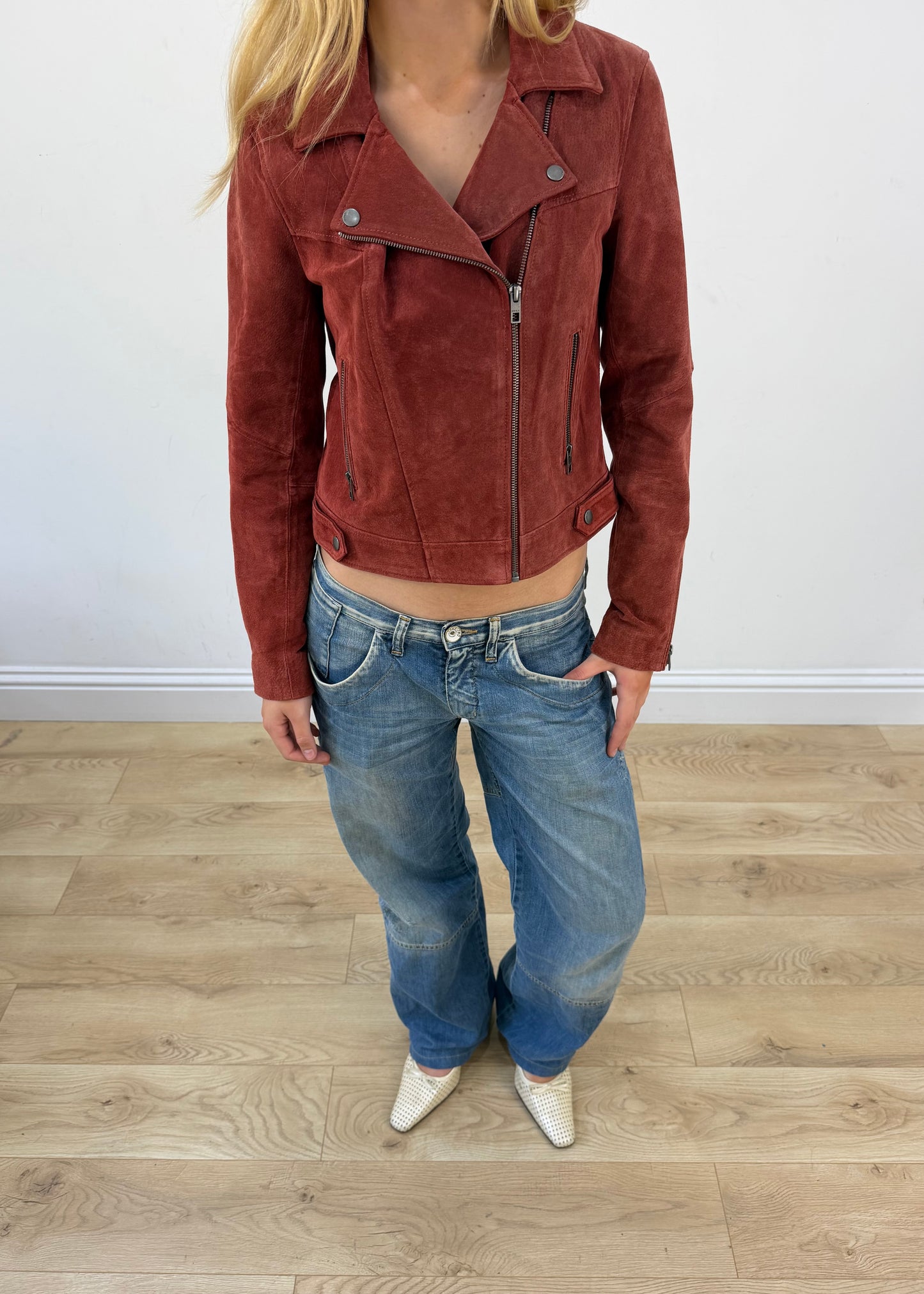 medium red only faux suede biker jacket - image 2