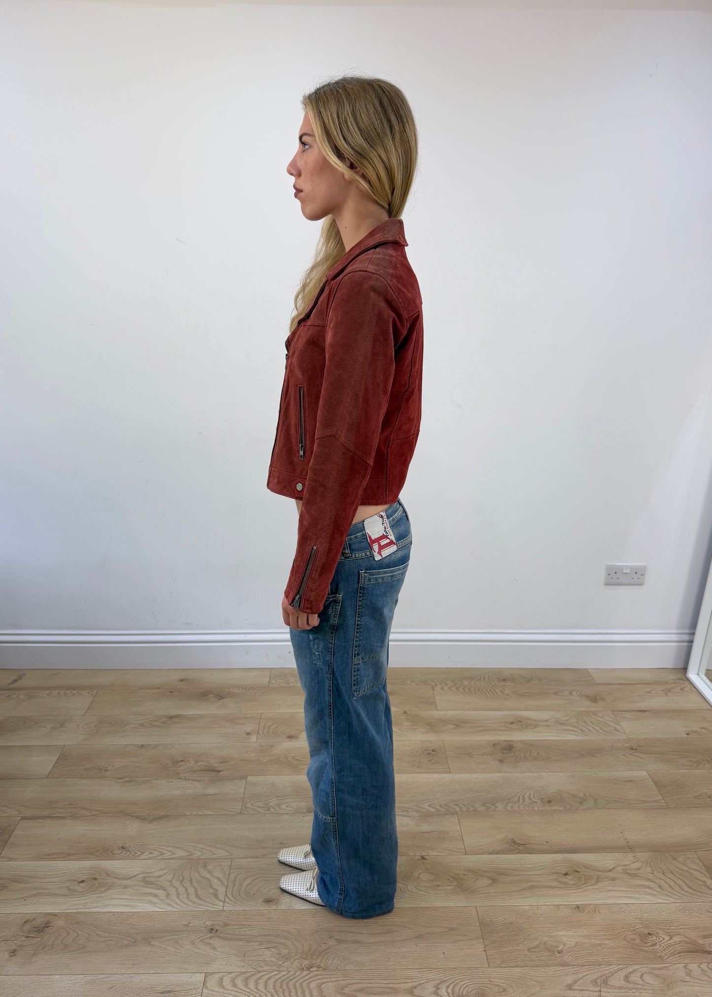 medium red only faux suede biker jacket - image 5