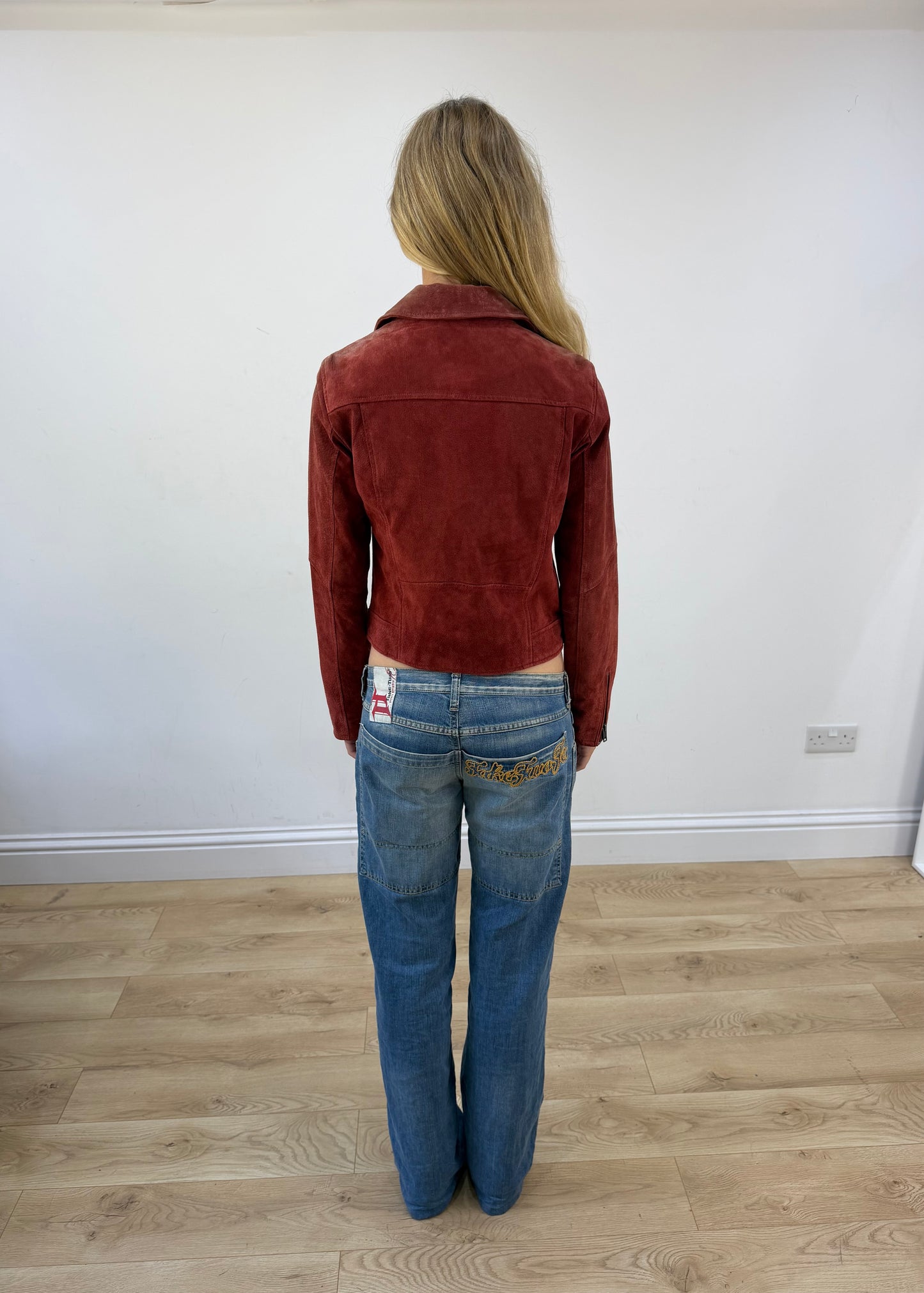 medium red only faux suede biker jacket - image 7