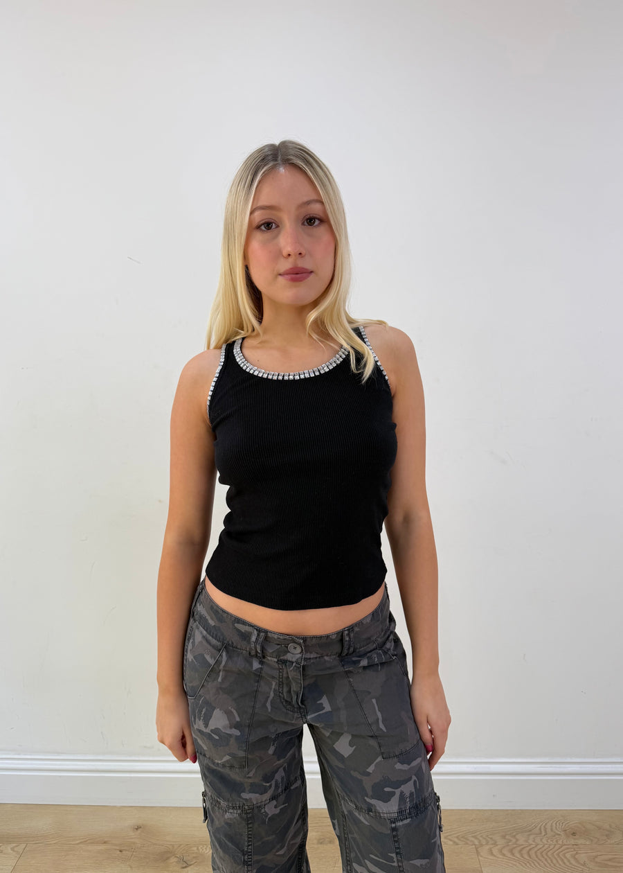 small black tank top with rhinestone neckline