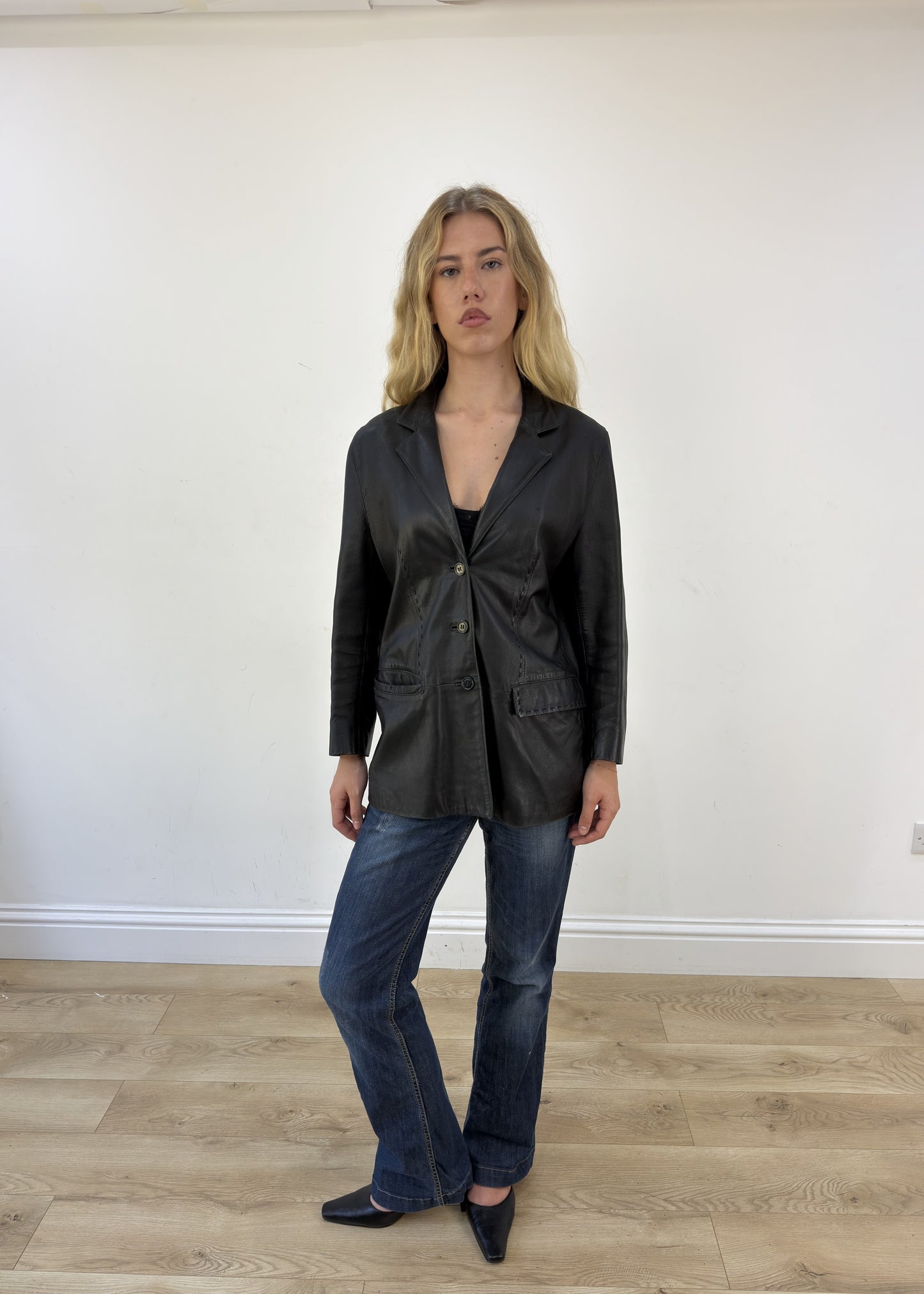large black faux leather fitted jacket full front