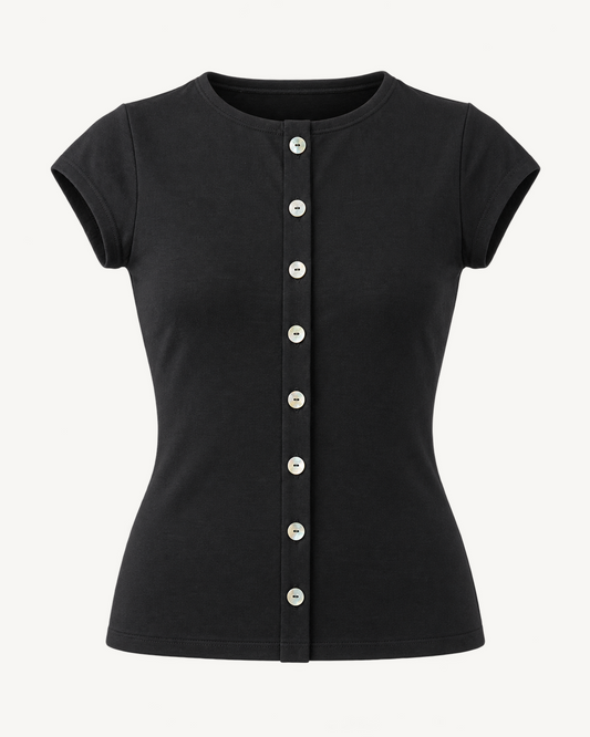 Maeva top in jet black, ghost mannequin front view