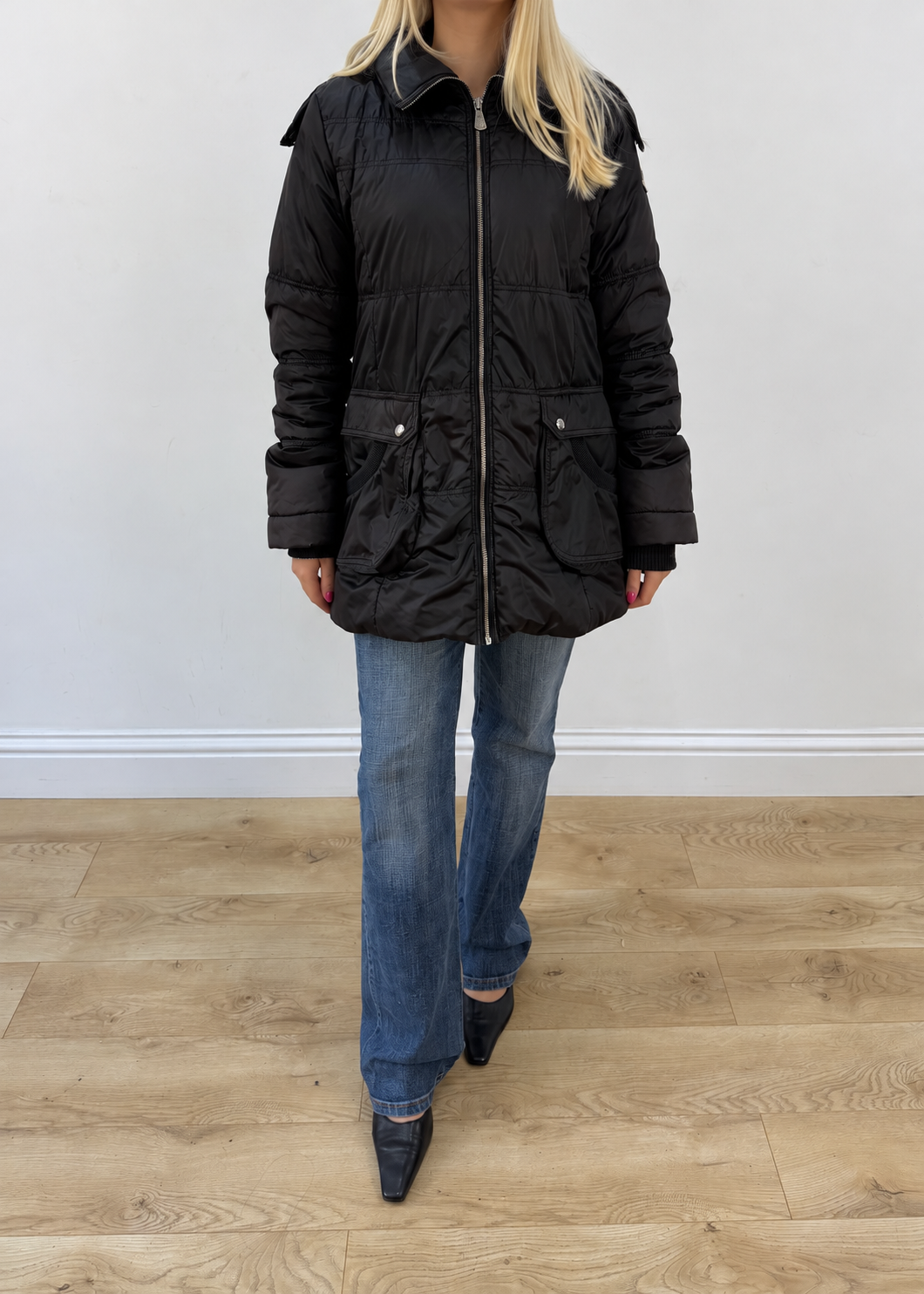 medium black moncler parka coat with faux fur hood headless image