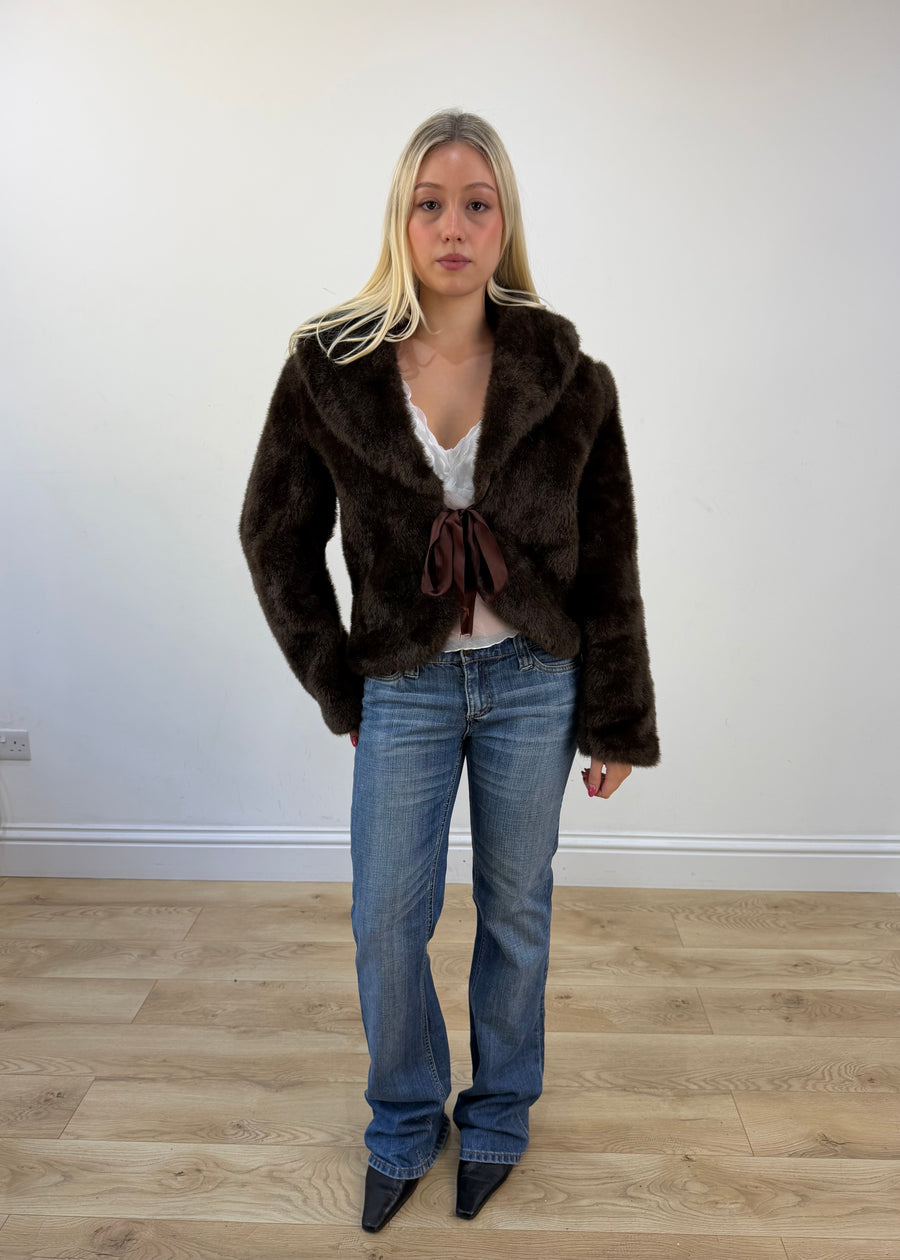 medium brown faux fur tie-up coat 1