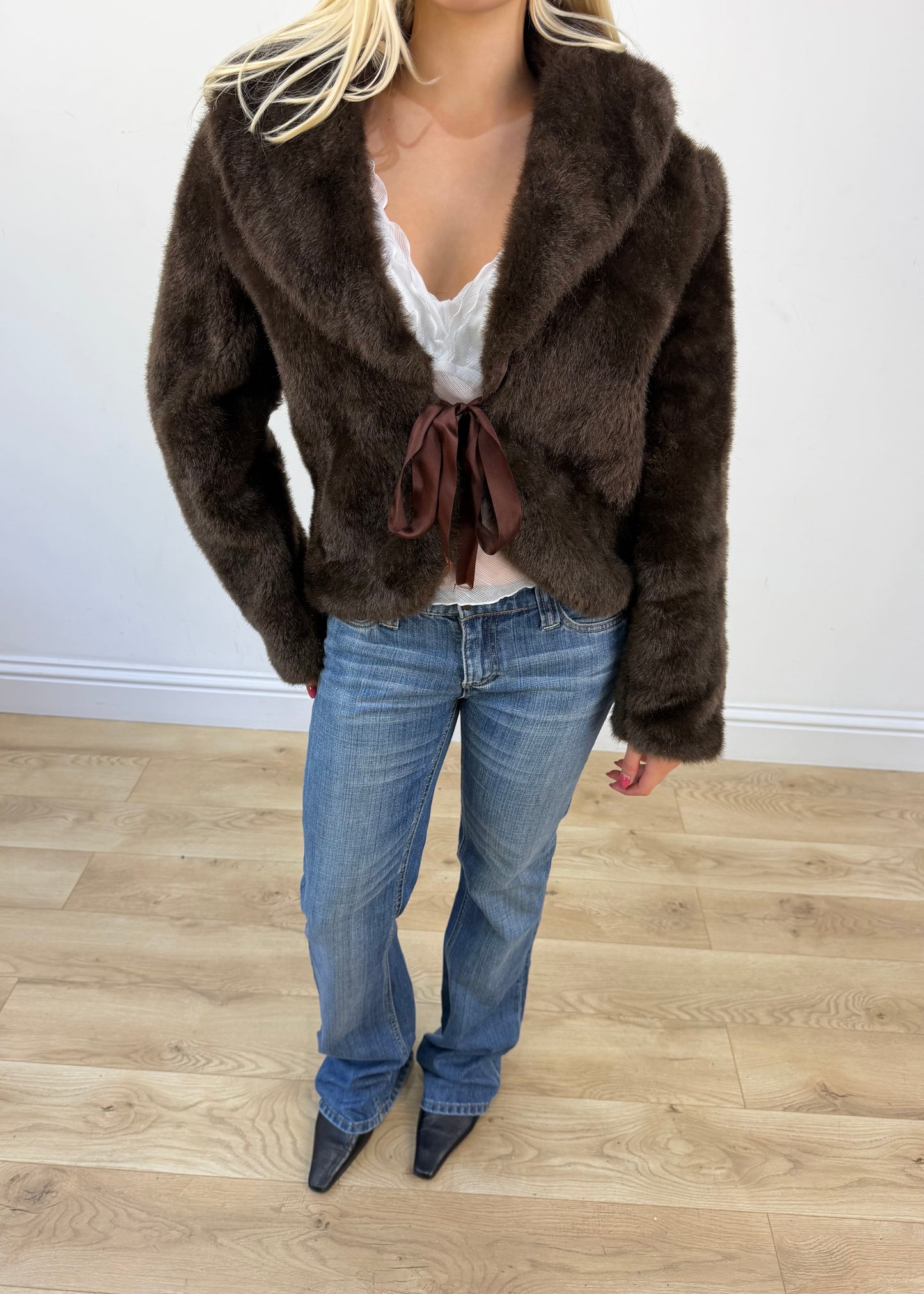 medium brown faux fur tie-up coat 2