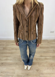medium brown striped blazer jacket aesthetic detail