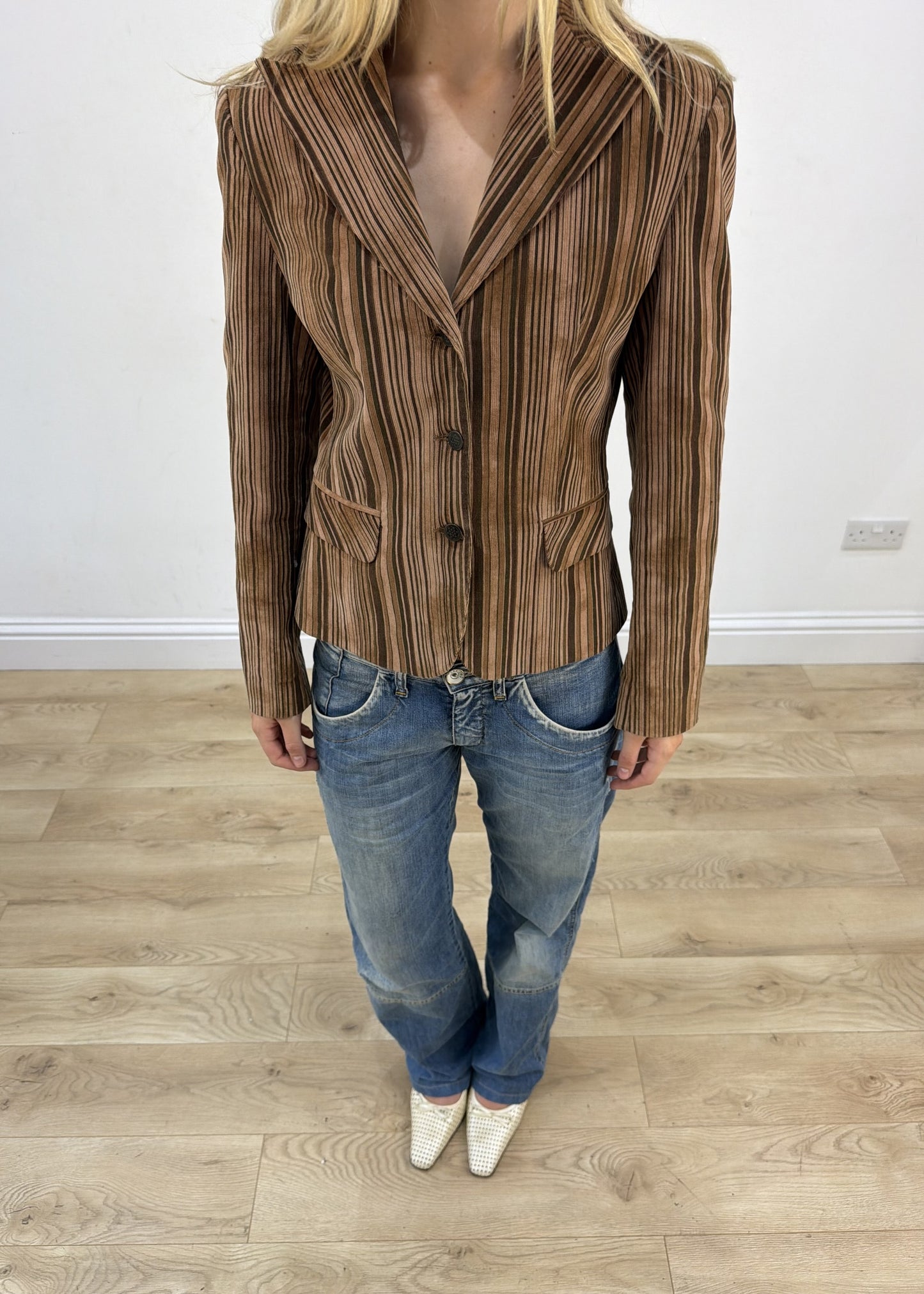 medium brown striped blazer jacket aesthetic detail