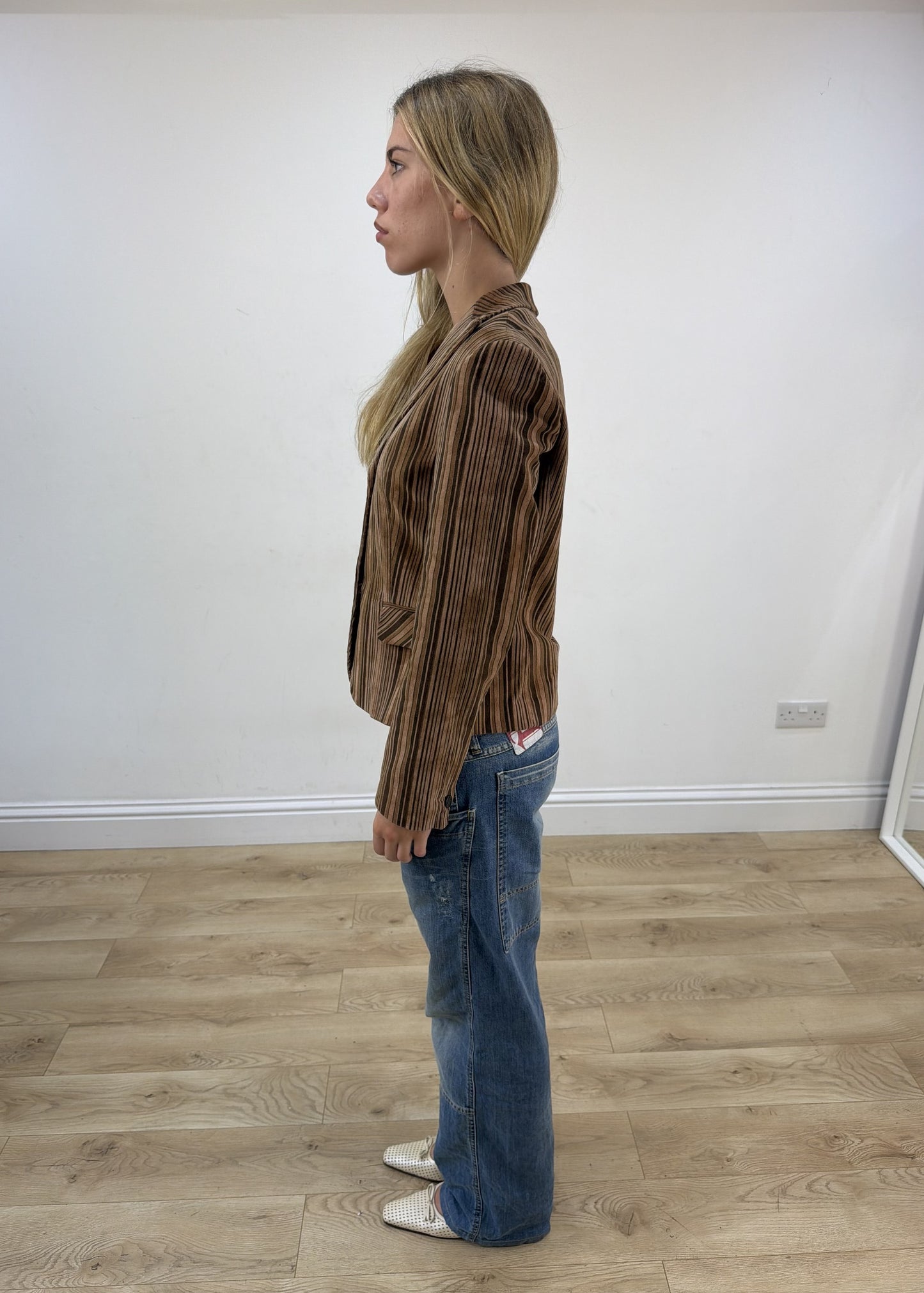 medium brown striped blazer jacket left side