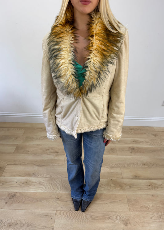 medium cream last woman faux fur trim jacket image 2