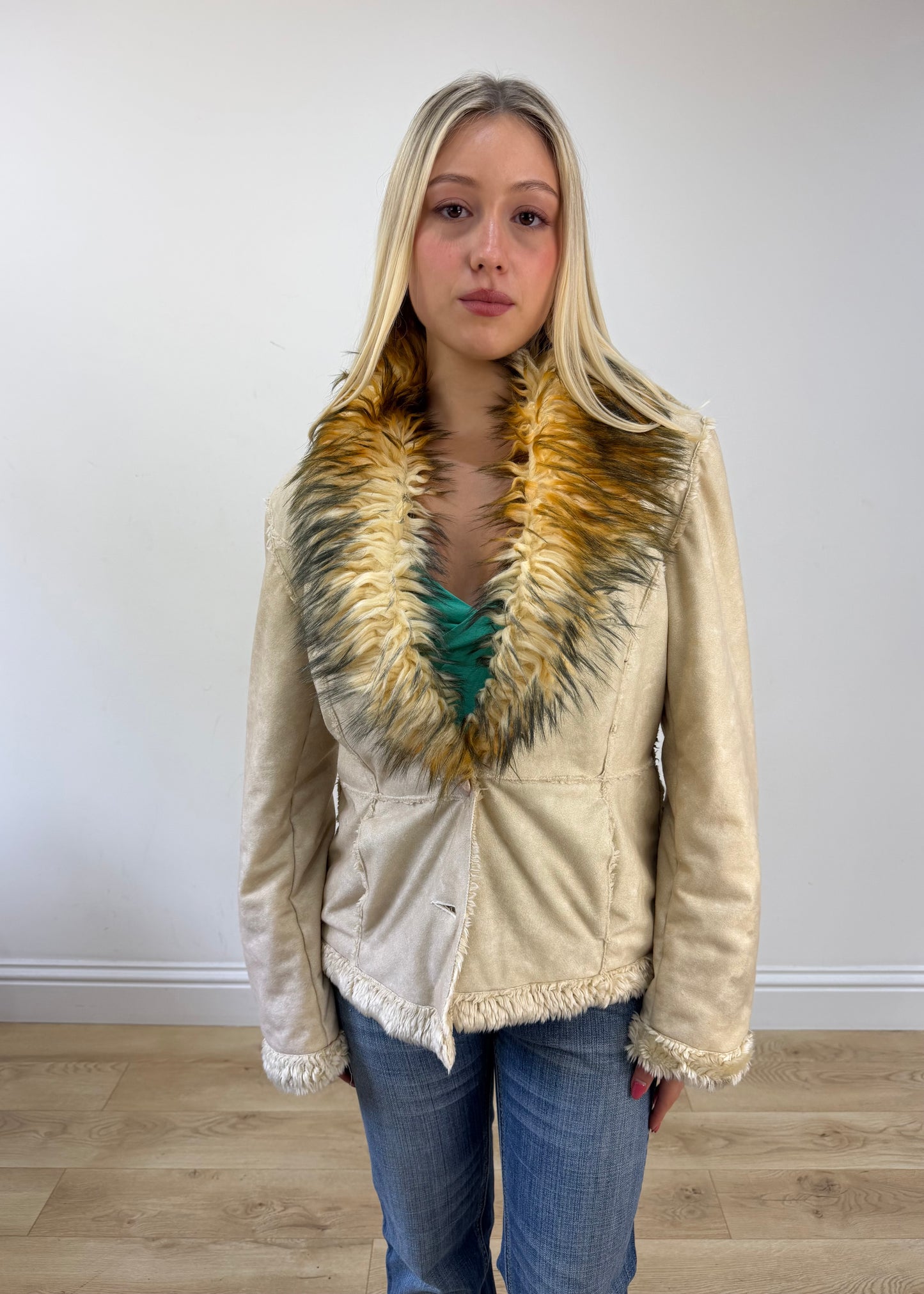 medium cream last woman faux fur trim jacket image 3