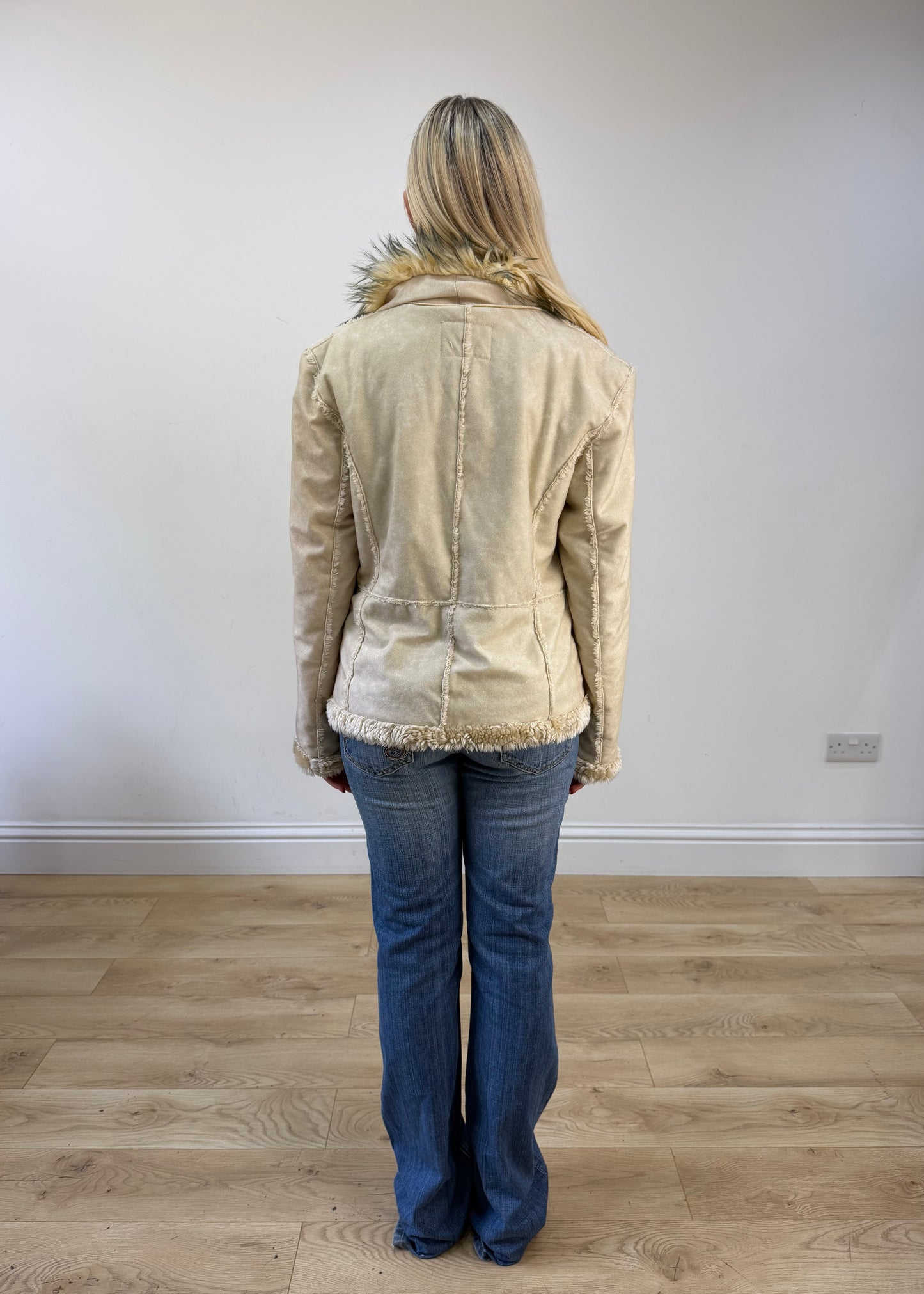 medium cream last woman faux fur trim jacket image 6