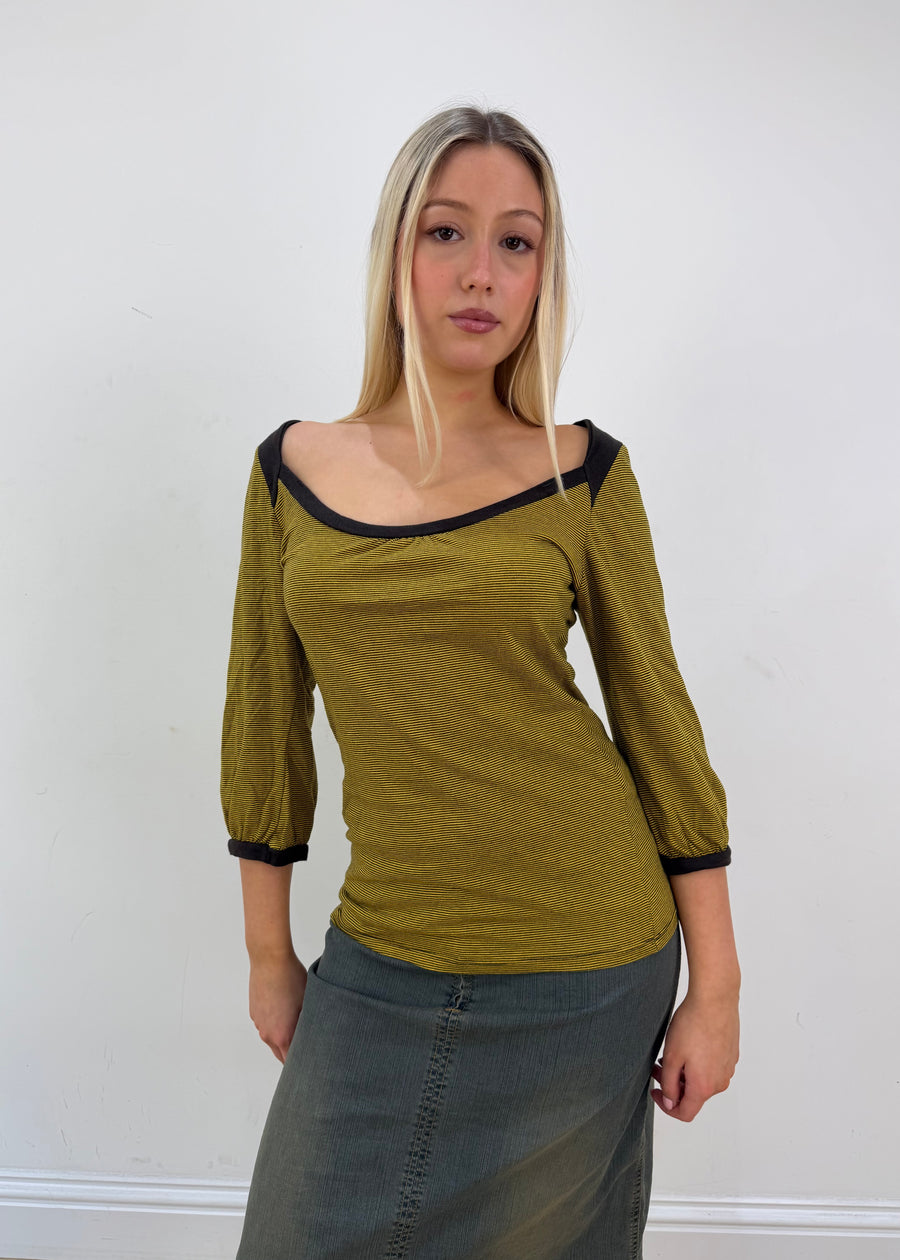 medium yellow and brown zara striped top front zoom with face