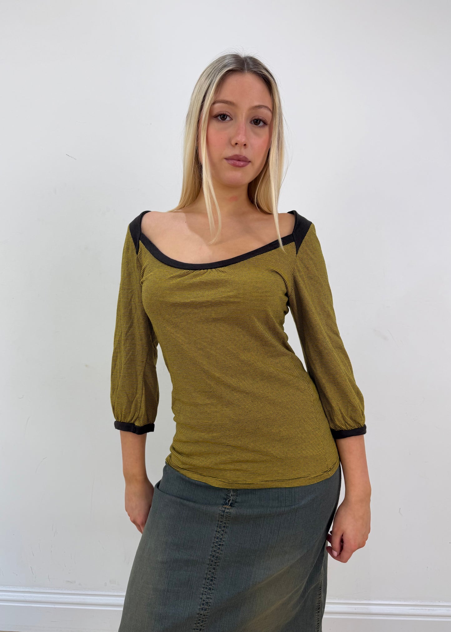 medium yellow and brown zara striped top front zoom with face