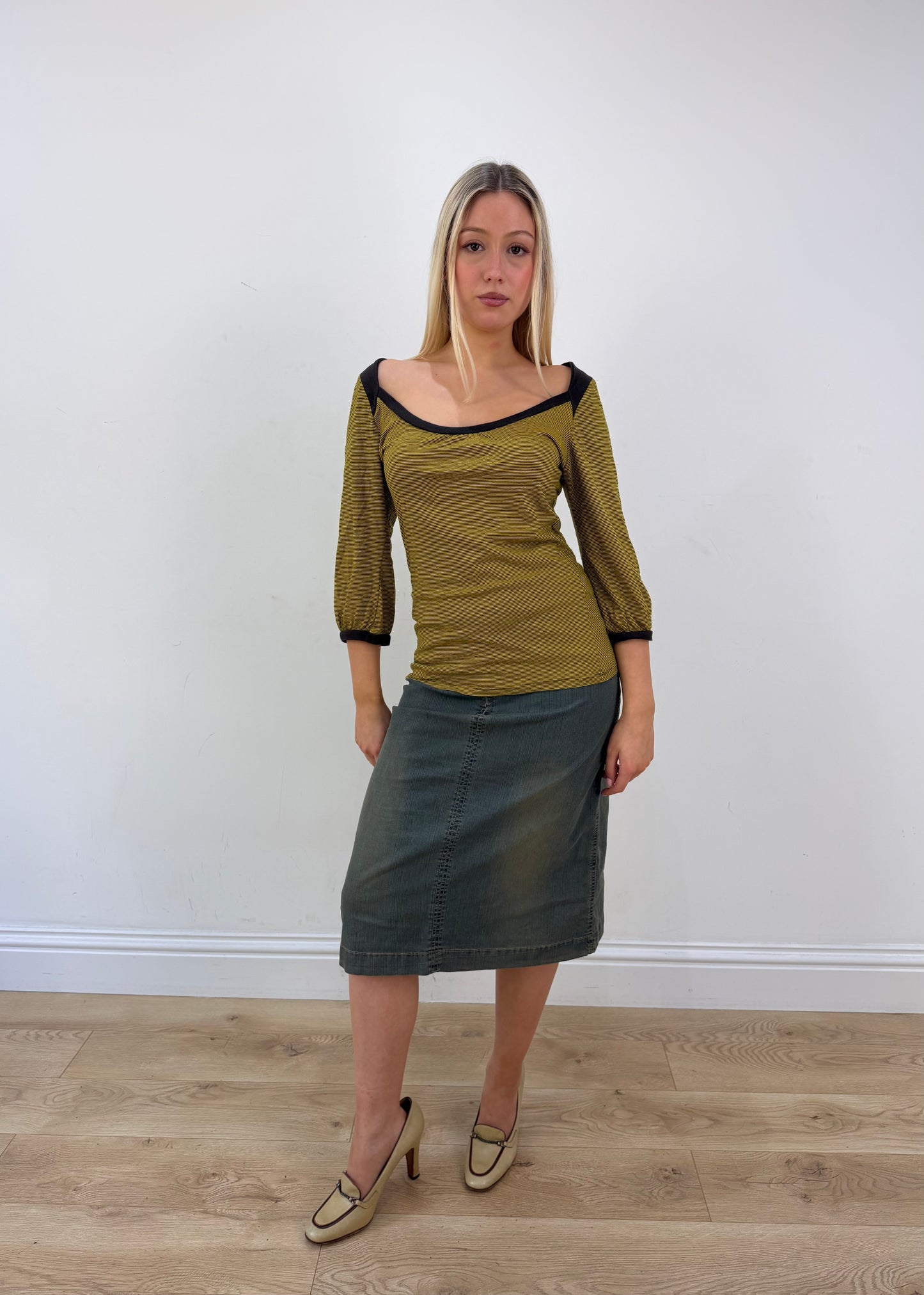 medium yellow and brown zara striped top full outfit