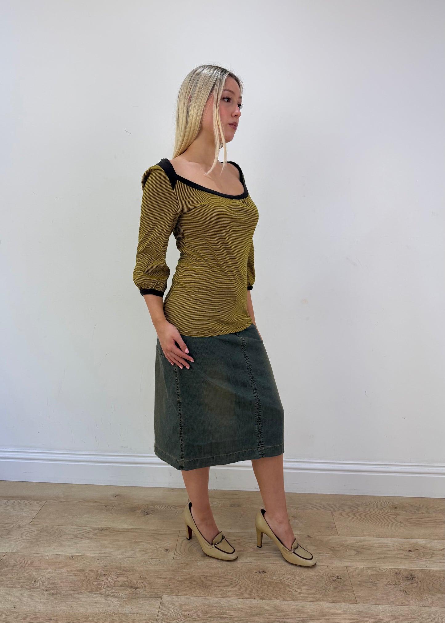 medium yellow and brown zara striped top side view