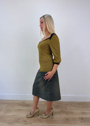 medium yellow and brown zara striped top posed view