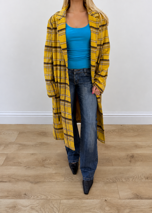 medium yellow plaid long coat headless front view