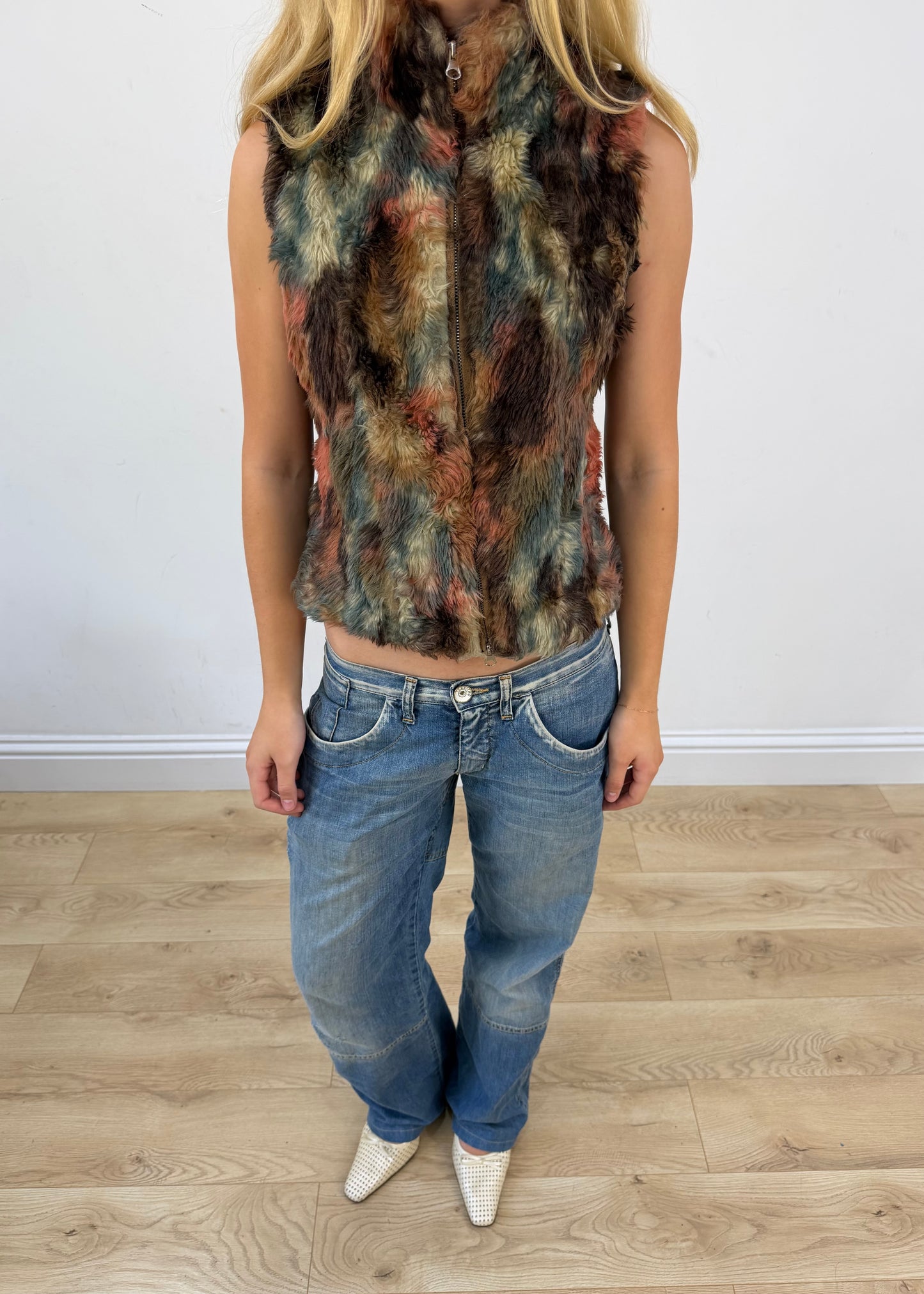 small thesis multicolour faux fur dual zip gilet image 2