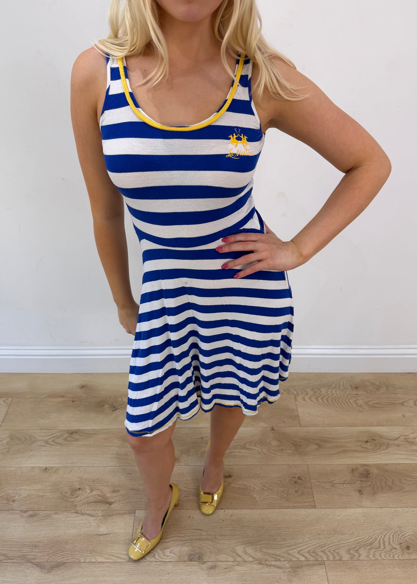 small white and blue la martina stripy dress