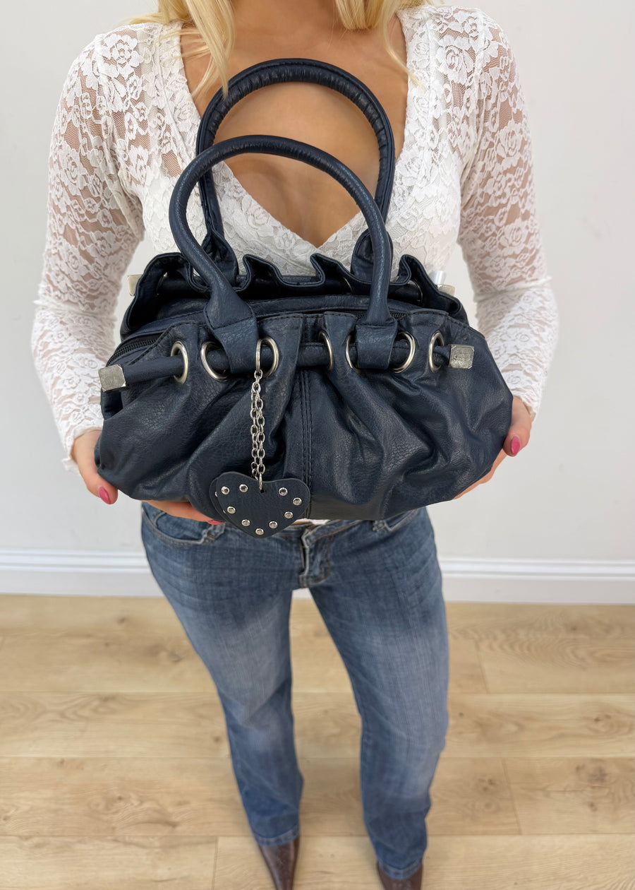 navy blue leather shoulder bag with heart charms 3