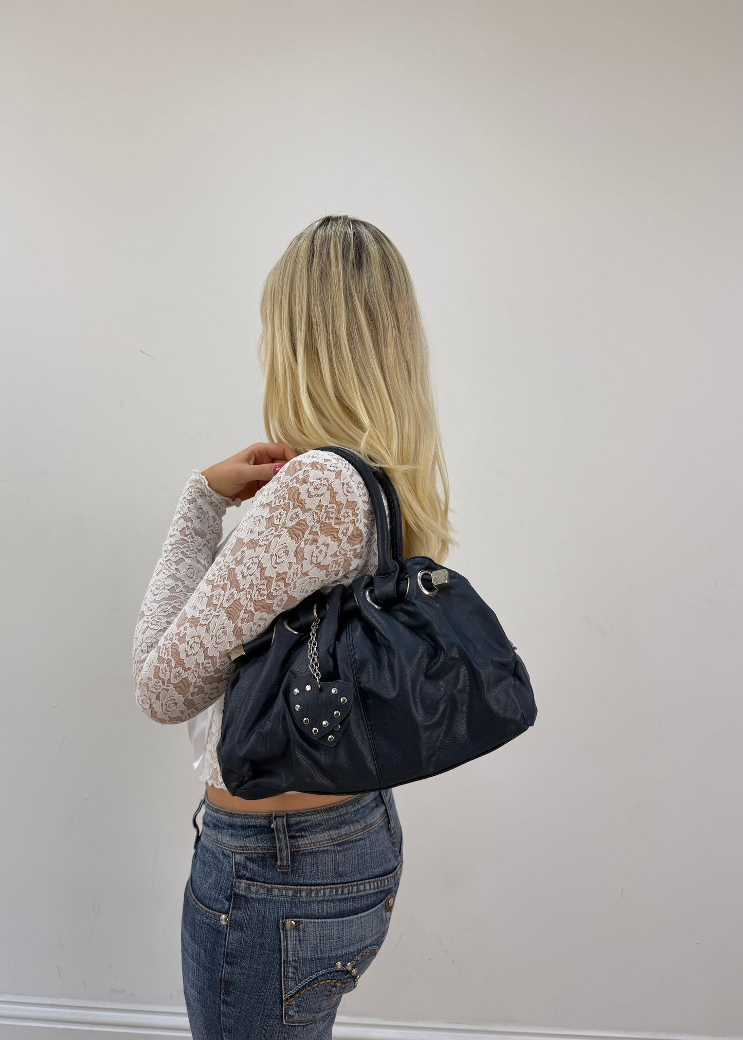 navy blue leather shoulder bag with heart charms 5