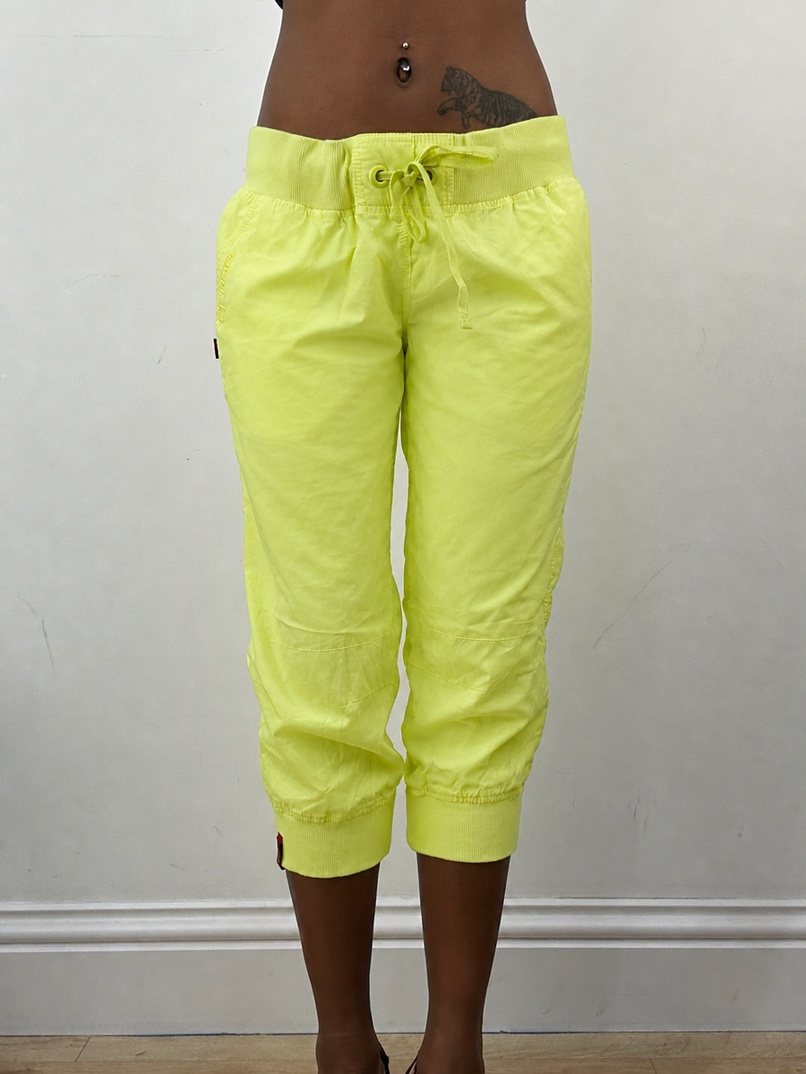 front view of neon green cropped joggers, freshly steamed