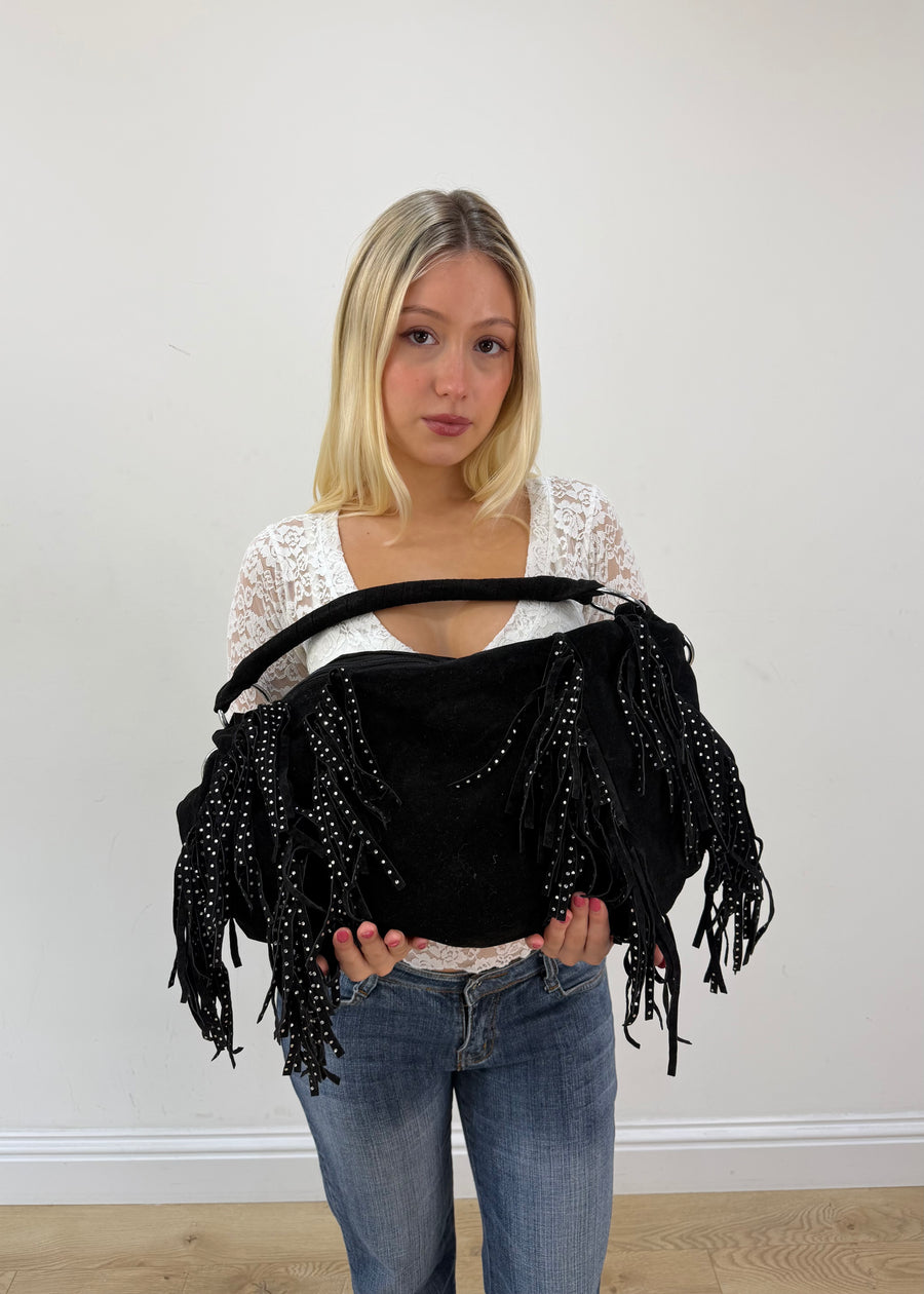 black E&L Eternel studded fringe shoulder bag front