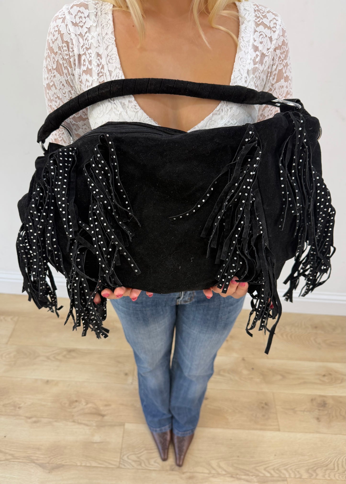 black E&L Eternel studded fringe shoulder bag close up