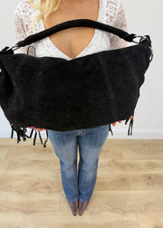 black E&L Eternel studded fringe shoulder bag back close up