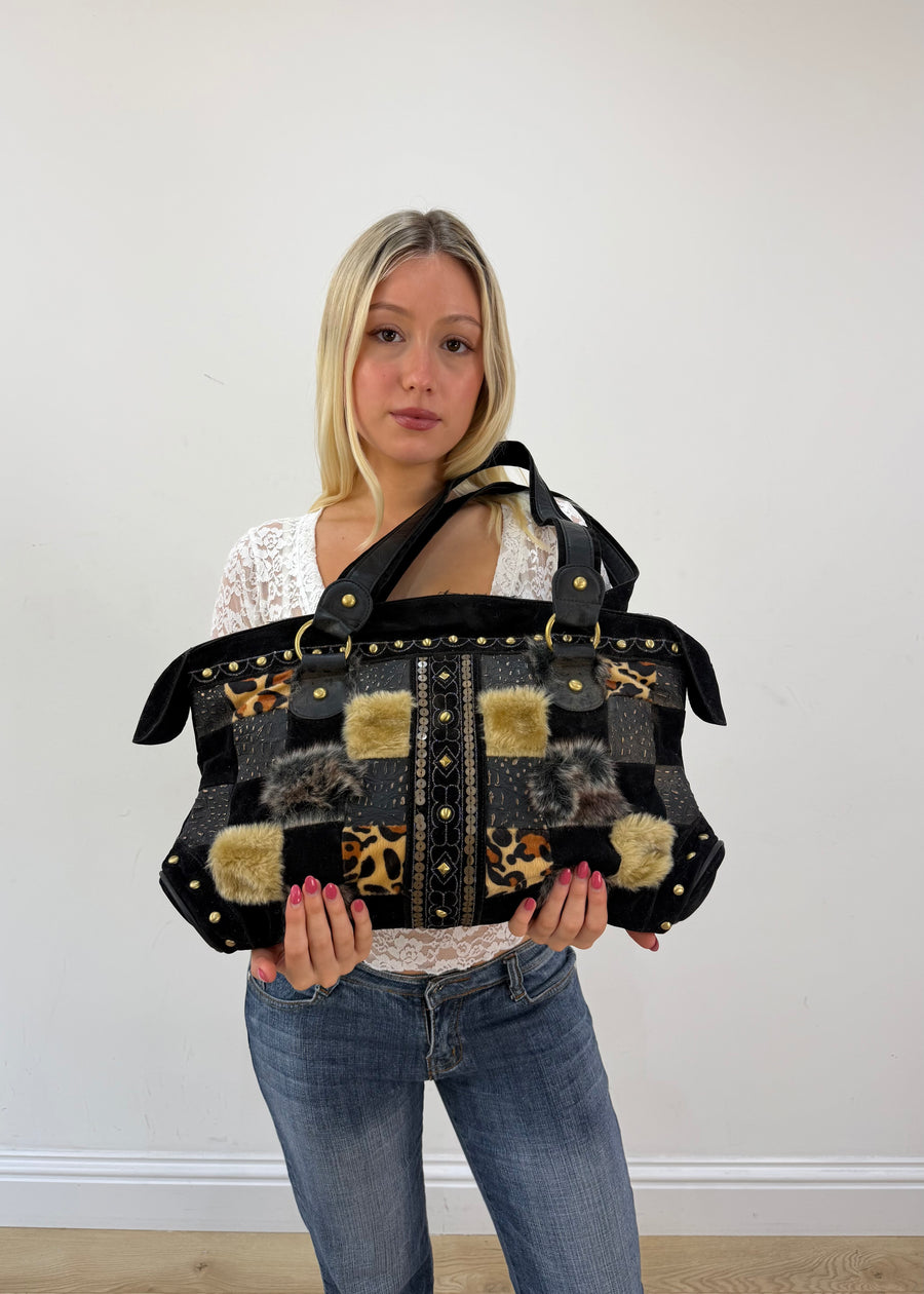 black fur patchwork shoulder bag front