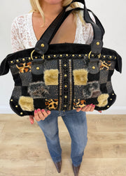 black fur patchwork shoulder bag front close up
