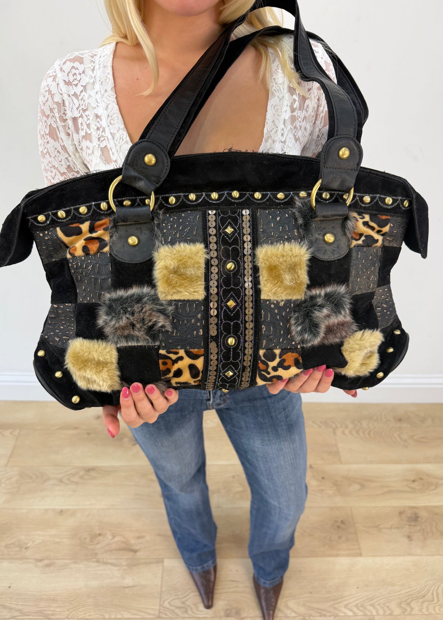 black fur patchwork shoulder bag front close up