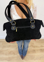 black fur patchwork shoulder bag back close up