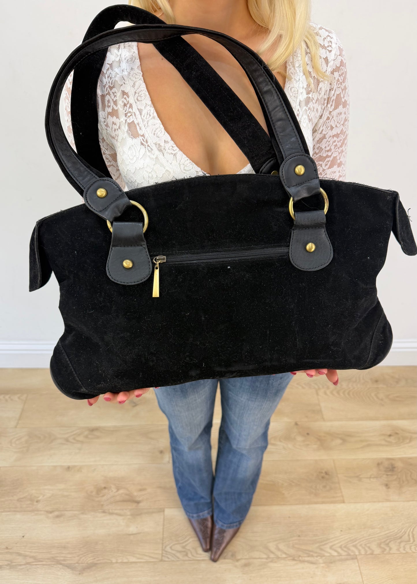 black fur patchwork shoulder bag back close up