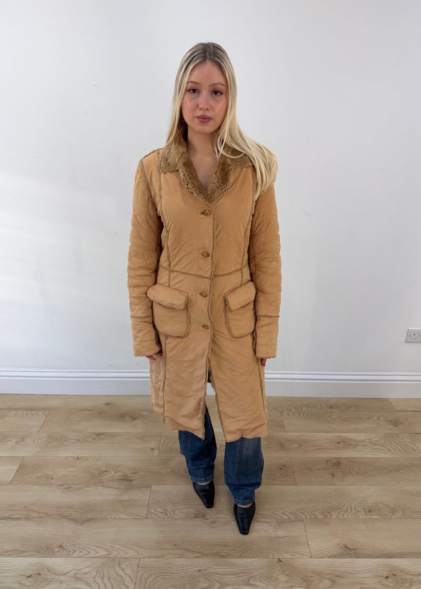 medium beige belted long coat with patch pockets 1