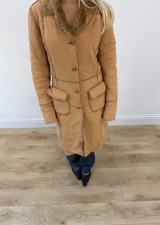 medium beige belted long coat with patch pockets 2