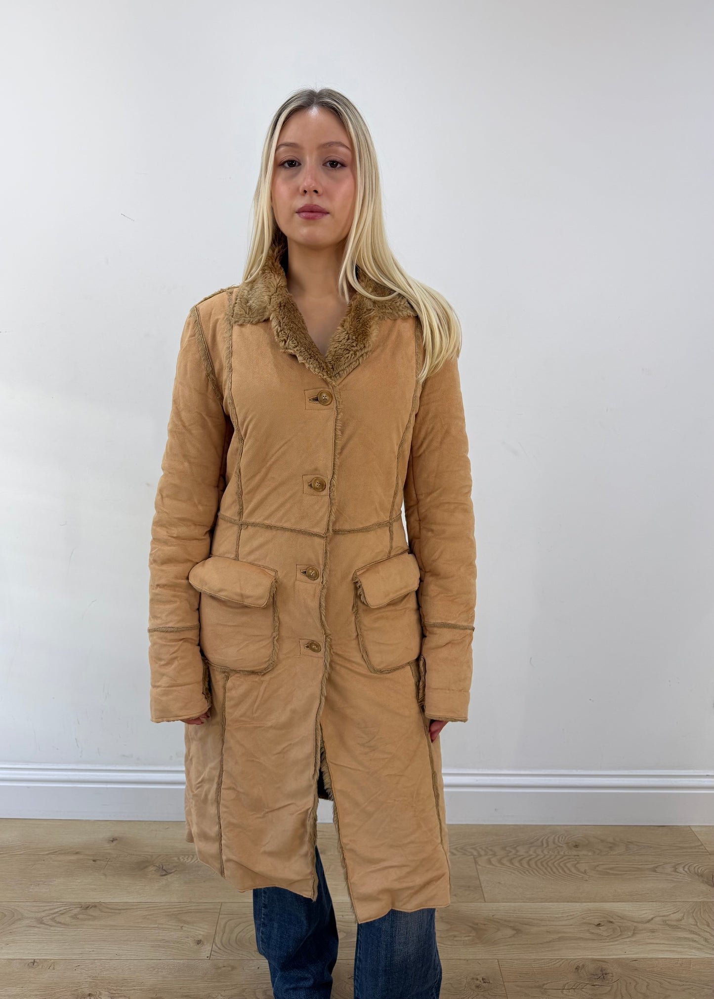 medium beige belted long coat with patch pockets 3