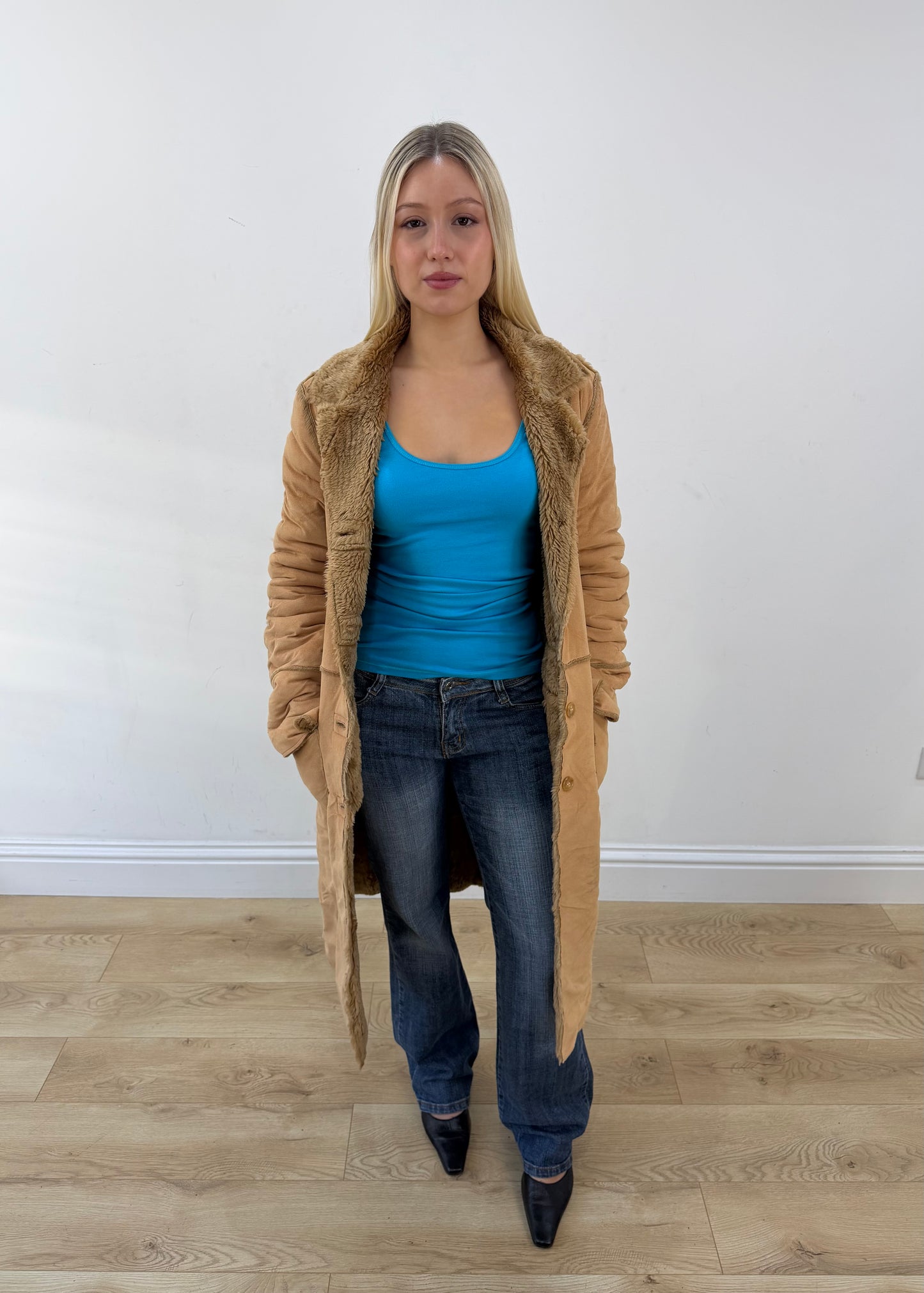 medium beige belted long coat with patch pockets 4
