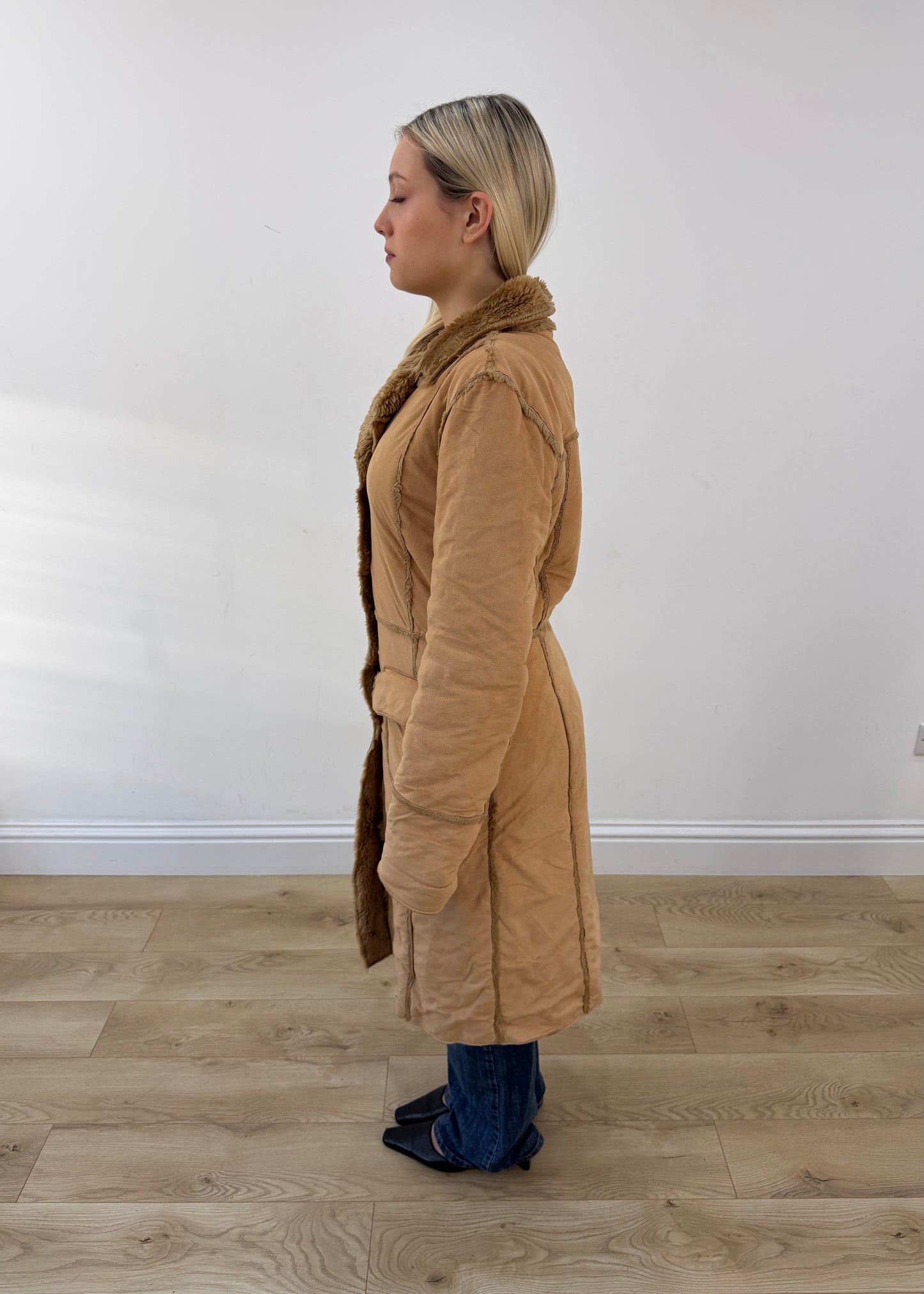 medium beige belted long coat with patch pockets 5