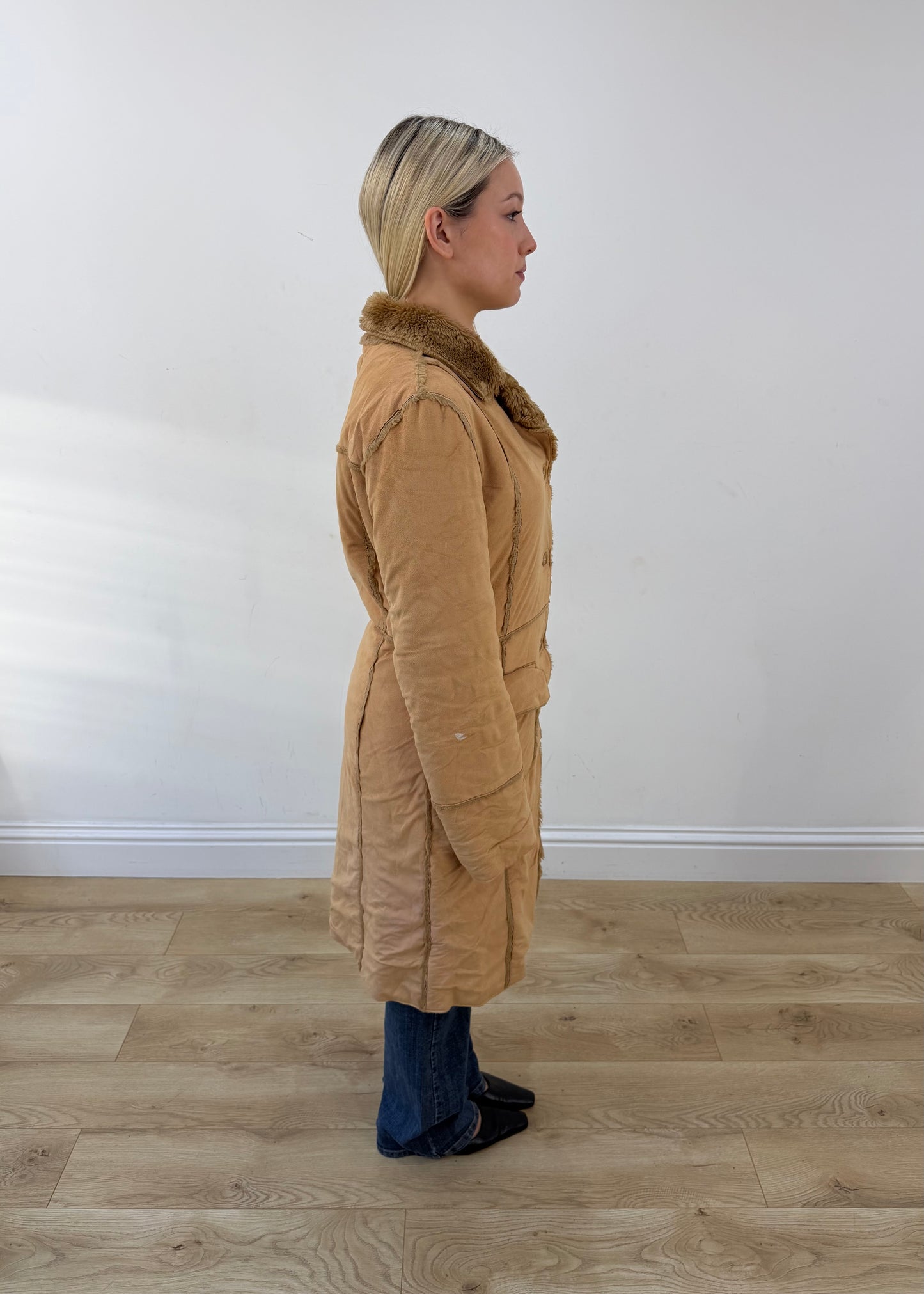 medium beige belted long coat with patch pockets 6