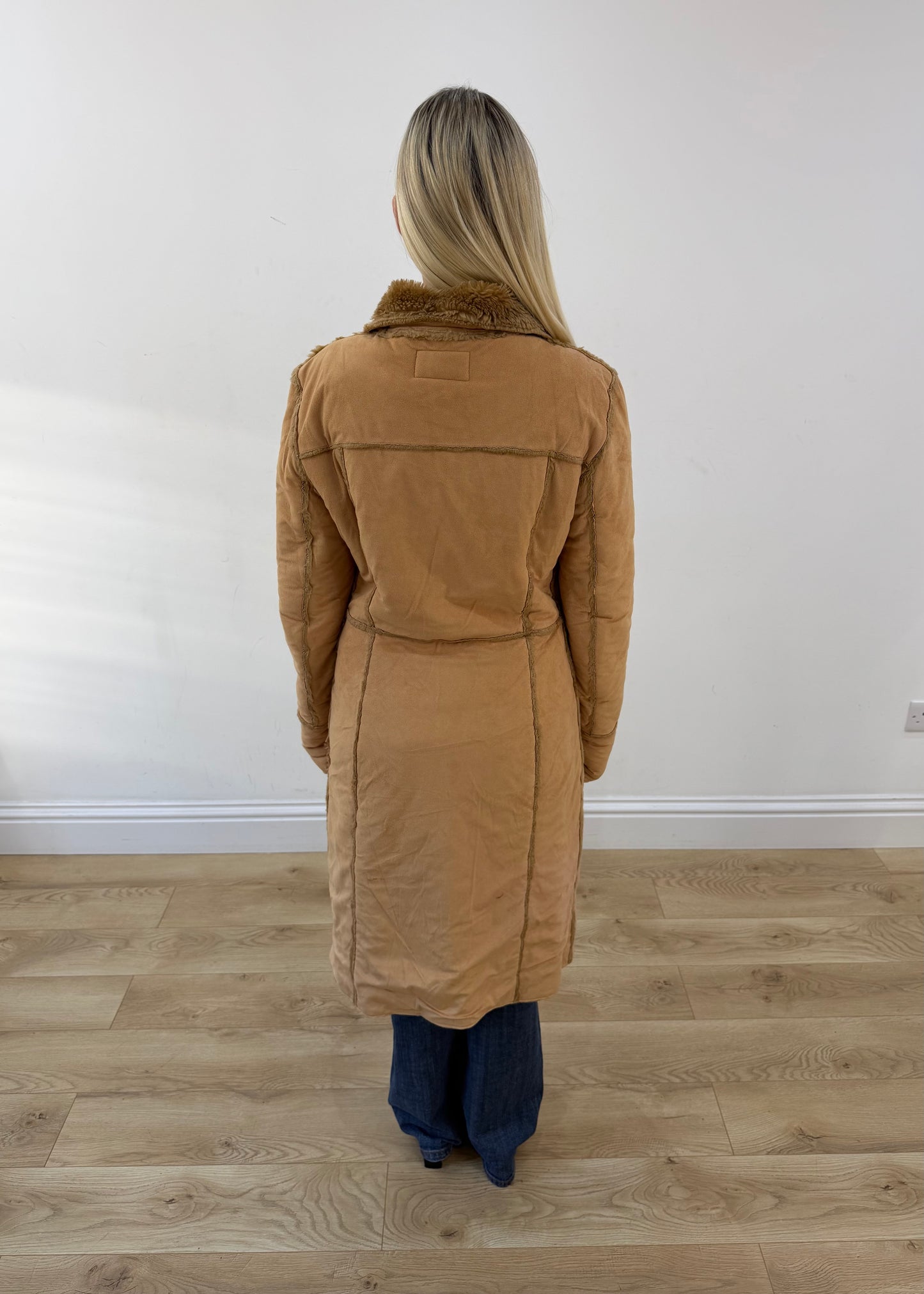 medium beige belted long coat with patch pockets 7