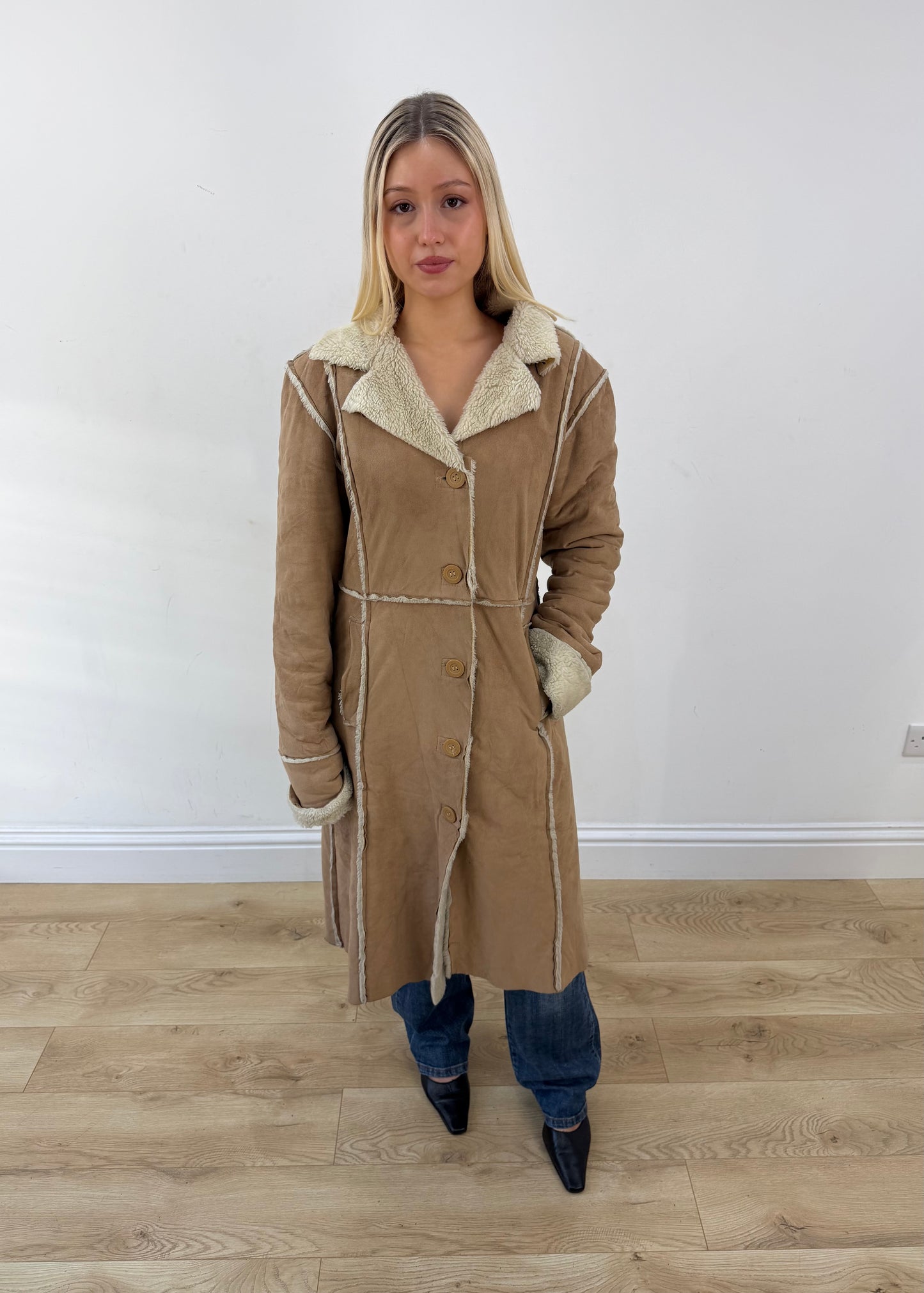 medium tan trapper long coat with shearling trim 1