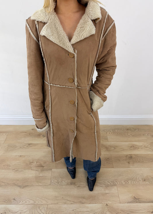 medium tan trapper long coat with shearling trim 2