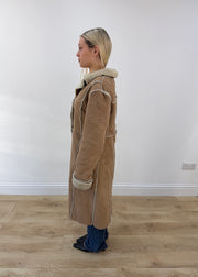 medium tan trapper long coat with shearling trim 5