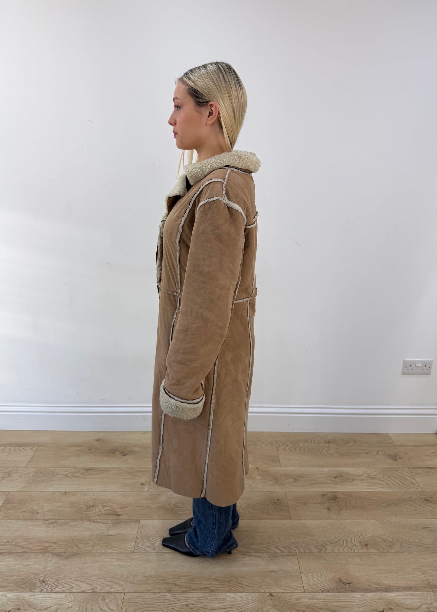 medium tan trapper long coat with shearling trim 5